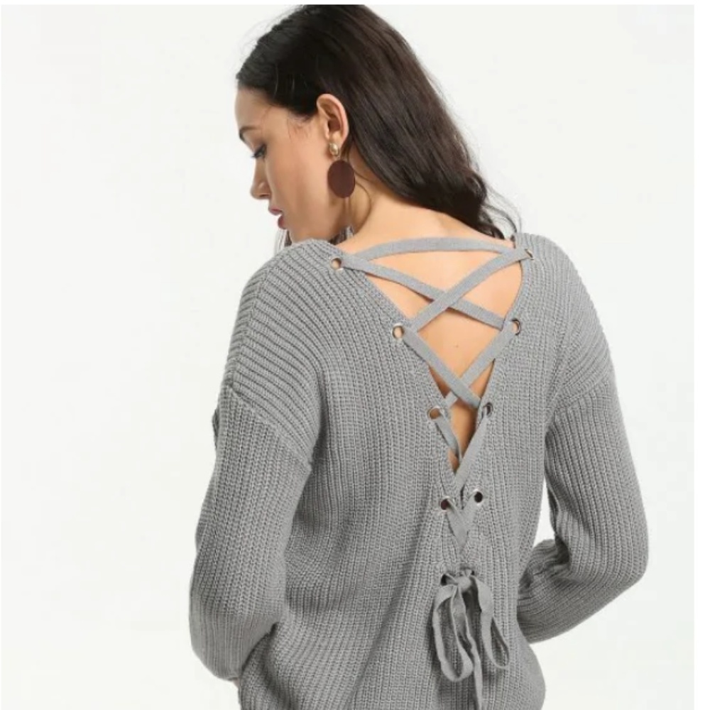 CLEARANCE wool blend Open Back Lace Up Sweater - Picture 1 of 5